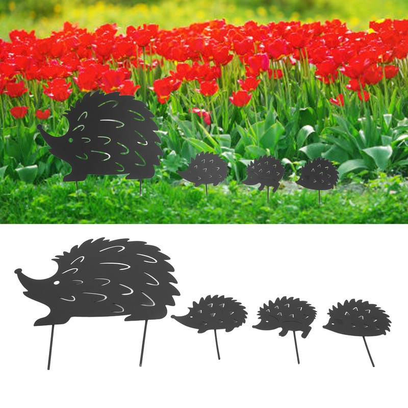 4Pcs Metal Hedgehog Decorative Garden Stakes Cute Animal Hollow Design