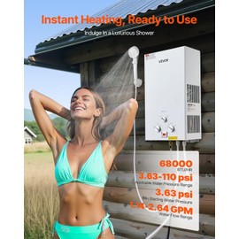 VEVOR Portable Propane Water Heater, 5L Tankless Outdoor Water Heater, 34000 BTU 1.32 GPM Instant Hot Water, with Accessory Set + Regulator for RV Camping Trips Cabins Barns