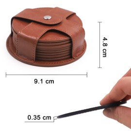 TOSSOW Coasters PU Coasters with Storage Case, Anti-Slip, Heat Resistant Pad, Fashionable, Round Coasters Set of 8 (Black)