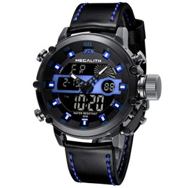 MEGALITH Mens Digital Watch Sports Waterproof Military Large Face Watches for Men Outdoor Analogue Digital Leather Wrist Watch with Alarm Electronic LED Backlight Calendar Stopwatch - Black Blue