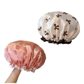 Shower Cap for Women,Reusable Hair Cap Cover Waterproof Double Layers Bath Cap Hats Elastic Bonnet De Douche for Women Spa Salon Home Hotel (White+Pink)