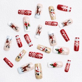 24 Pcs Christmas Press on Nails Short Coffin Fake Nails Snowflake Snowman Elk Designs Winter Red Berry False Nails Full Cover Winter Glitter French Tips Stick on Nails Sparkly Acrylic Nails for Women
