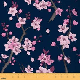 Feelyou Sakura Floral Fabric by The Yard, Blossom Flowers Upholstery Fabric for Chairs, Original Botanical Branches Decorative Fabric for Upholstery and Home DIY Projects, 1 Yard, Blue Pink
