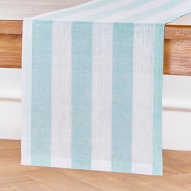Solino Home Stripe Linen Table Runner 72 Inches Long - Aqua and White, 100% Pure Linen Easter Table Runner 14 x 72 Inch Ideal for Wedding, Parties - Cabana Stripe