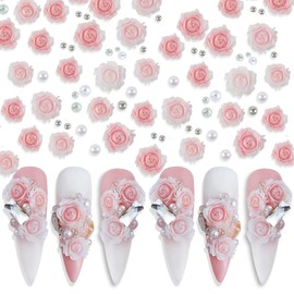 3D Pink Rose Flower Nail Charms Flower Nail Art Charms Nail Pearls Flower Charms for Nails Design Nail Flowers Rose Nail Charm Floral Nail Jewels for Nail Art Rhinestones for Nails Charms Nail Decor