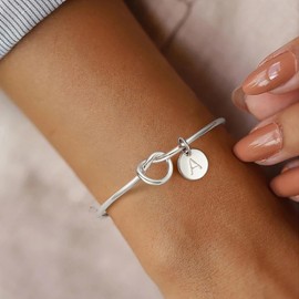 Ursteel Silver I Cant Tie the Knot Without You Bracelet with Initial T, Bridesmaid Proposal Gift, Modern Elegant Knot Bangle, Stainless Steel, Silver