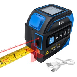 4 in 1 Laser Tape Measure，Laser Crosshairs | 130ft/40m Laser Distance Meter Display On Backlit LCD Screen with 16ft/5m AutoLock Measuring Tape | Ft/Inch/Fractions/M/mm (Blue/Bleu, 40meter/131ft)