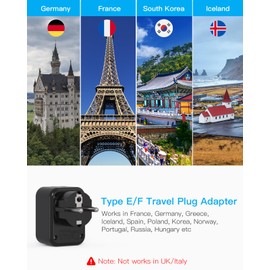 Type F Travel Plug Adapter, Germany France Type E Travel Power Adapter with 2 Outlets 3 USB Ports(2 USB C) for US to Europe EU Spain Iceland Korea Greece Norway Russia German French