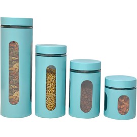 Kitchen Canisters Set For Countertop By Home Basics | Retro-Styled Canisters For Kitchen Counter | Stainless Steel and Glass, See-Through Windows (Turquoise), 4 Pieces