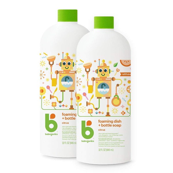 Babyganics Foaming Dish & Bottle Soap, Citrus, Plant-Derived Cleaning Power, Removes Dried Milk, 32Fl Oz (2 Pack), Packaging May Vary