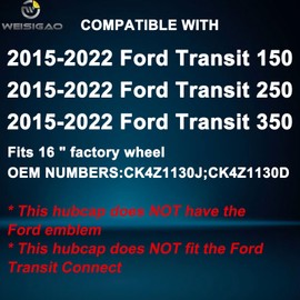 WEISIGAO Set of 4 Hubcaps Compatible with Ford Transit 150/250/350, 2015 2016 2017 2018 2019 2020 2021 2022 2023 2024, 16 inch Wheel Covers, 5 Y Spok, Standard Leg, Glossy Black Color