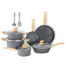 DishDelight Induction Pots and Pans Set Non Stick, 12 Piece Kitchen Cookware Sets, Nonstick Induction Cookware Granite Cooking Set with Frying Pans, Pot and Pan set, Pans for Cooking, Gray