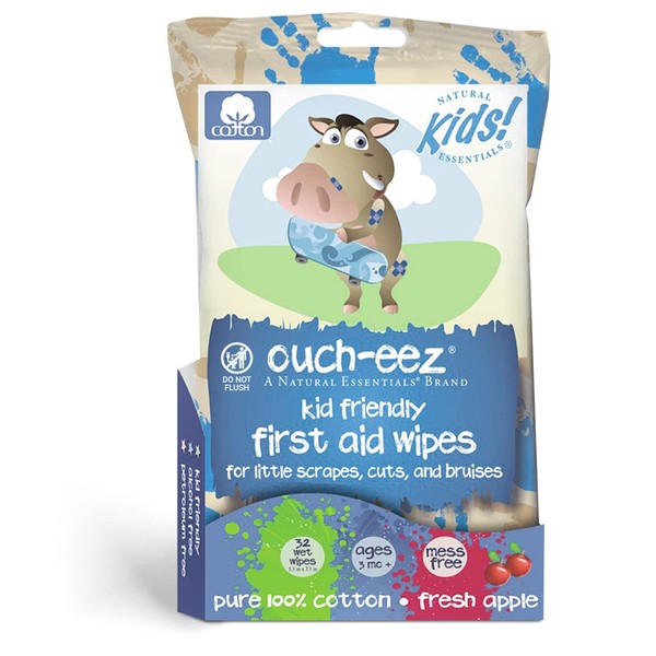 Natural Essentials - Ouch-eez, Kid Friendly First Aid 100% Cotton Wipes, 32-Count, Fresh Apple Scent For Little Scrapes, Cuts and Bruises, Ages 3 Months & Up