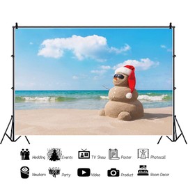 DASHAN 10x6.5ft Tropical Sandy Beach Backdrop Hawaiian Christmas Backdrop Sand Snowman Santa Hat Seaside Merry Christmas Decor Photography Background Home Christmas Family Holiday YouTube Photo Prop