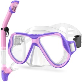 Greatever Snorkeling Gear for Kids, Dry Snorkel Set Panoramic View Snorkel Mask, Anti-Fog Scuba Diving Mask for Kids Youth Age 6-14, Unisex Swimming Goggles (Purple Pink)