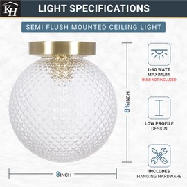 Kenroy Home Brushed Gold Round Glass Prismatic Globe Semi Flush Mount Ceiling Light with Low Profile Design for Bedrooms, Hallways, and Entryways