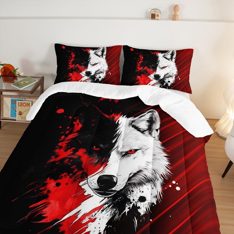 HOSIMA Wolf Queen Comforter for Kids,Animal Bedding with 2 Pillowcases.