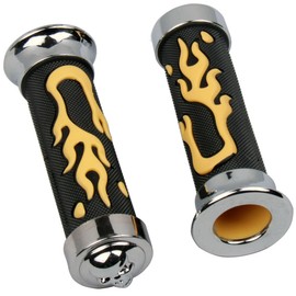 MotorToGo 7/8" Yellow 3D Flame Rubber Handlebar Hand Grips with 3D Skull End Caps for 1985 Honda Nighthawk 700S CB700SC