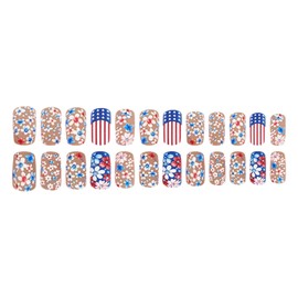Spring Press on Nails Medium Square Fake Nails with American Flag Pattern Designs Matte Acrylic Nails Colorful Flower Nails Press ons Summer Glue on Nails 4th of July Stick on Nails for Women 24Pcs