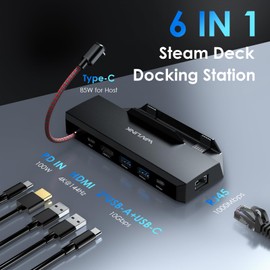 Steam Deck Dock, WAVLINK 6-in-1 Docking Station for Steam Deck/ROG Ally/Legion Go with 4K @ 144Hz HDMI 2.0, 100W PD IN, 3X 10G USB 3.2, Gigabit RJ45