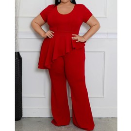 CXXQ Green Suit 2 Piece Outfit Women Plus Size Office Lady Peplum Tops Business Suit Set Straight Leg Pants Red 5X