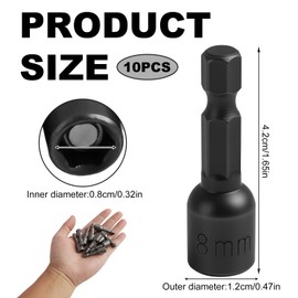 Set of 10 Magnetic Sockets 8 mm, 42 mm Length, 1/4 Inch Hex Drill Bit Set, Adapter for Cordless Screwdrivers and Drills, Metric Hexagon Socket Nuts for DIY and Professionals