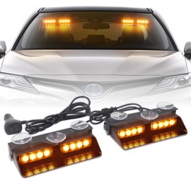 XRIDONSEN Amber 2 in 1 Emergency Dash Strobe Lights Interior Windshield Lights Hazard Warning Safety Flashing w/Suction Cups for Construction Trucks, Vehicles Car (2×7.16 inch, 16 LED)