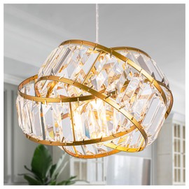 MPDITO Crystal Chandelier Light Fixure Mid Century Modern Geometric Golden Ring Chandelier with Crystal Modern 11.2" Crystal Gold Chandelier for Dining Room, Kitchen Island, Bedroom