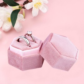 Hexagon Velvet Ring Box by Premium Gorgeous Vintage Double Ring Display Gift Box with Detachable Lid for Proposal Engagement Wedding Ceremony (Pink)
