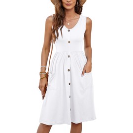 MOLERANI Women Summer Dresses Sleeveless Casual Loose Swing Button Down Midi Dress with Pockets(White,2XL)