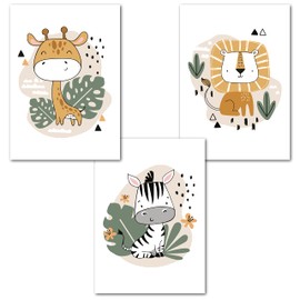 Ninky® Children's Room Pictures, Set of 3 Pictures, DIN A4, Wall Pictures, Baby Room Decoration, Safari Animals, Jungle Poster, Wall Poster, Decorative Baby Room (Set 1 - Giraffe Zebra Lion)