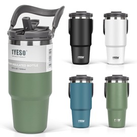 TYESO Tumbler with Straw, 33.8 fl oz (1,050 ml), Coffee, Water Bottle, Thermos Flask, Heat Insulated, Kettle with Handle, Vacuum Insulated, Double Layer, Wide Mouth, Large Capacity, Direct Drinking, Leak Proof, Home Office Outdoors, Girls, Boys, Green