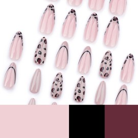 24pcs French Almond Stick on Nails with Leopard Print Pattern,Glossy Medium Length False Nails with Glue,French Tip False Na-ils,Almond Fake Nai-ls,Stick on Na-ils for Women Girls,Nail Art Accessories