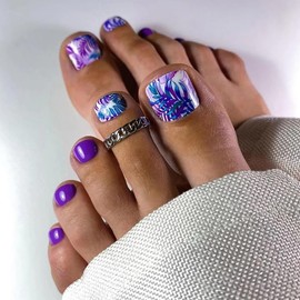 Vezocim Press on Toenails with Vine Leaf Designs, Artificial Purple Fake Nails for Toe, Glossy Full Cover Square Acrylic False Nails, Glue on Toenails with Charm, Stick on Toe Nails for Women