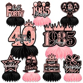 YUEcthynous Decoration 40th Birthday Women, 9 Pieces 40 Rose Gold Pink Honeycomb Centrepiece Table Decoration Birthday Decoration 40 Women Honeycomb Centre Piece, 40th Birthday Party Decoration