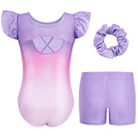 Gogokids Girls' 3-Piece Flutter Sleeve Gymnastics Set - Children's Gymnastics Jerseys with Colour Gradient Sequins & Glitter Design, Gymnastics Costume Set Includes Jersey, Shorts and Headband for