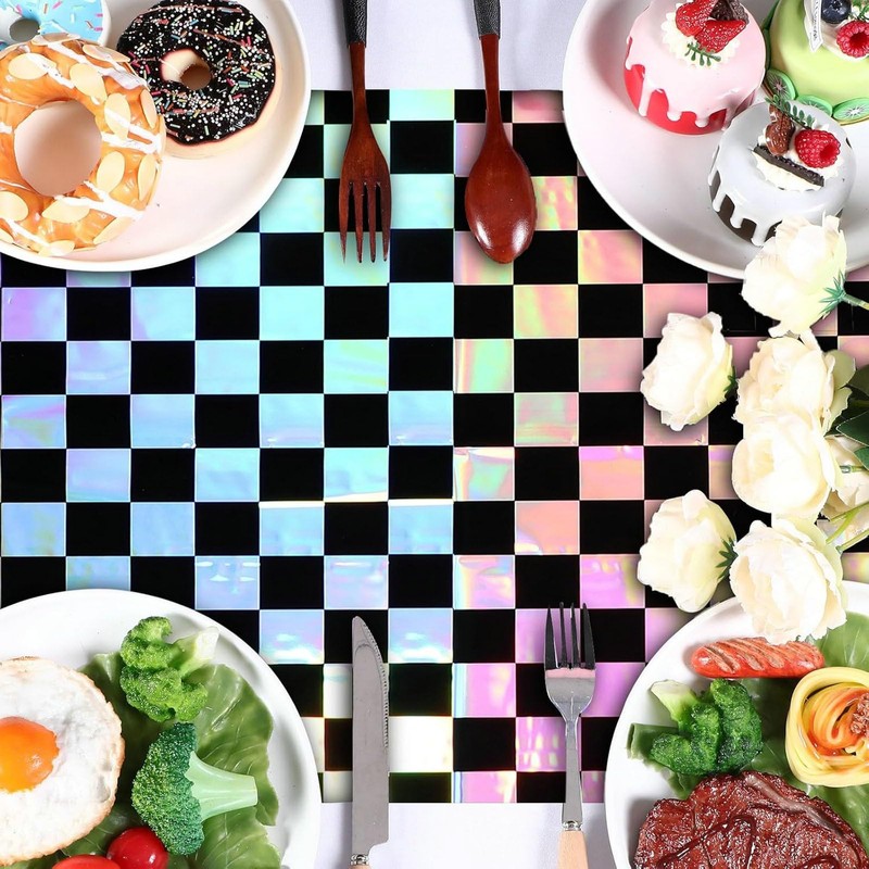 2 Pack Black and Iridescent Checkered Plastic Tablecloth, 54" x