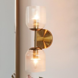 Antique Brass Wall Sconce, Bell-Shaped Double Bathroom Sconce with Ribbed Glass Shade, Bedroom Wall Lighting, Indoor Light Fixture