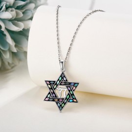 YAFEINI Star of David Necklace Sterling Silver Turquoise/Abalone Hebrew Pendant Chai Necklace Jewish Star of David Chai Jewellery for Men and Women, Sterling Silver, No Gemstone