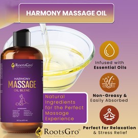 RootsGro Harmony Massage Oil - Hydrating Blend with Coconut, Jojoba, Almond, Argan Oil & Vitamin E - with Lavender, Peppermint & Eucalyptus - Ideal for Massage, Moisturizing & Relaxation - 16 Fl Oz