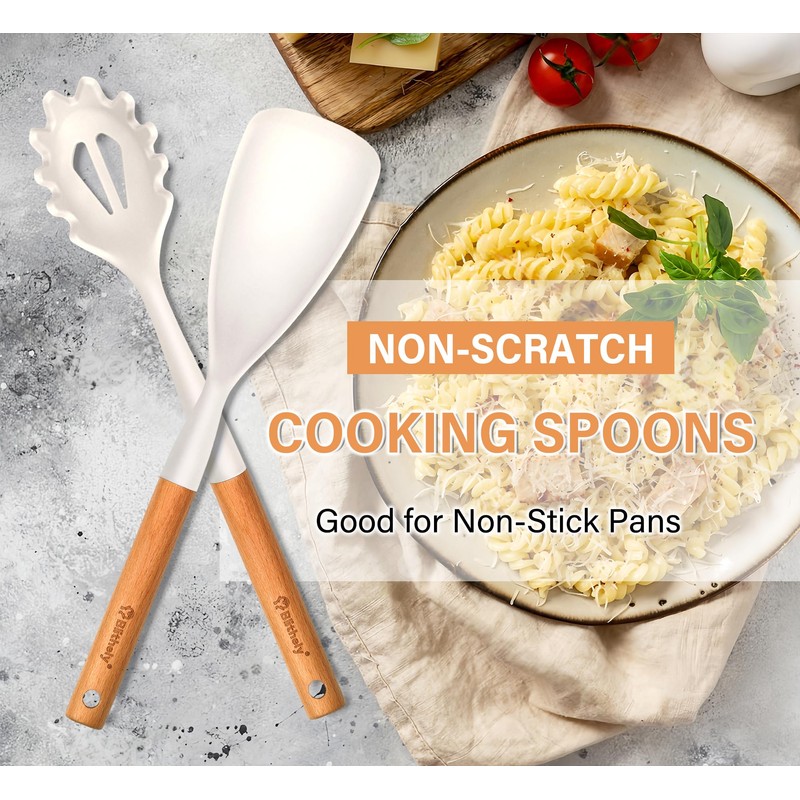 Silicone Cooking Spoon and Pasta Fork Set, 2 Pack Large