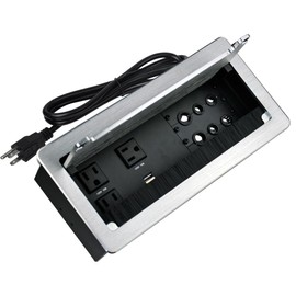 Tabletop Power Multimedia Connectivity Box with 3 AC Power+2 USB-A Charging+6 Cable Management/XLR Grommet Holes with 5.58ft Power Cord for Conference Room (Silver)