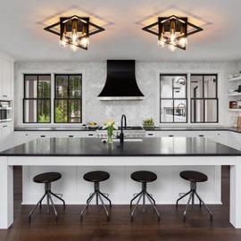 Semi Flush Mount Ceiling Light Fixture, 4 Light Industrial Ceiling Light with Black Frame & Wood Grain Accent, Close to Ceiling Farmhouse Lighting for Kitchen, Bathroom, Bedroom, Hallway (E26,2-Pack)