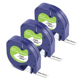 Meritom Compatible Dymo Letratag Refills for Dymo Letratag Paper White Tape 91200 S0721510 12mm x 4m for Dymo LetraTag LT-100H, LT-100T, LT-110T, 200B, XR, QX50 Label Makers, Black on White, 3-Pack