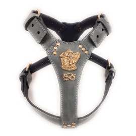 M&D Beautiful Grey Leather Dog Harness Large with Brass Staffordshire Bullterrier Head Motif & Knot