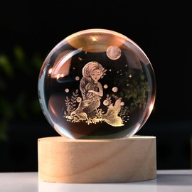 IFOLAINA Mermaid Crystal Ball with Lighted Base Laser Engraved Glass Ball Mermaid Night Light Decorative Globes 3D Crystal Plant Sphere Mermaid Gifts for Her Birthday