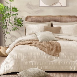 CASAAGUSTO Full Size Comforter Set, 7 Pieces Beige Seersucker Bed in a Bag Full Size Soft All Seasons, Bedding Sets Full with Comforter, Flat Sheet, Fitted Sheet, 2 Pillow Shams, 2 Pillowcases