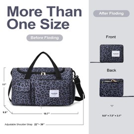 WOOMADA Foldable Travel Duffel Bag with Shoes Compartment, Overnight Bag with Wet Pocket & Trolley Sleeve, Weekender Bags for Women(B-black leopard)