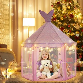 BRINJOY Princess Tent for Girls with Lights, Large Pretend Play Tent Castle w/Carry Bag & Stickers & Detachable Fishtail Top Indoor Outdoor, 67”x55” Ocean-Theme Kids Playhouse Gift for Toddler Age 3+