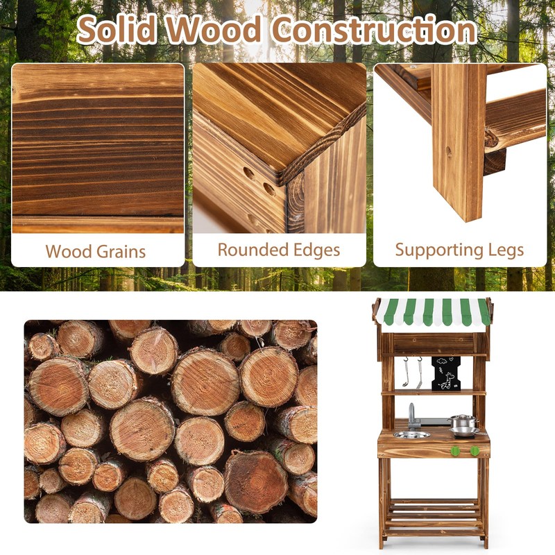 Costzon Mud Kitchen, Double-Sided Outdoor Play Kitchen & Barbecue Grill